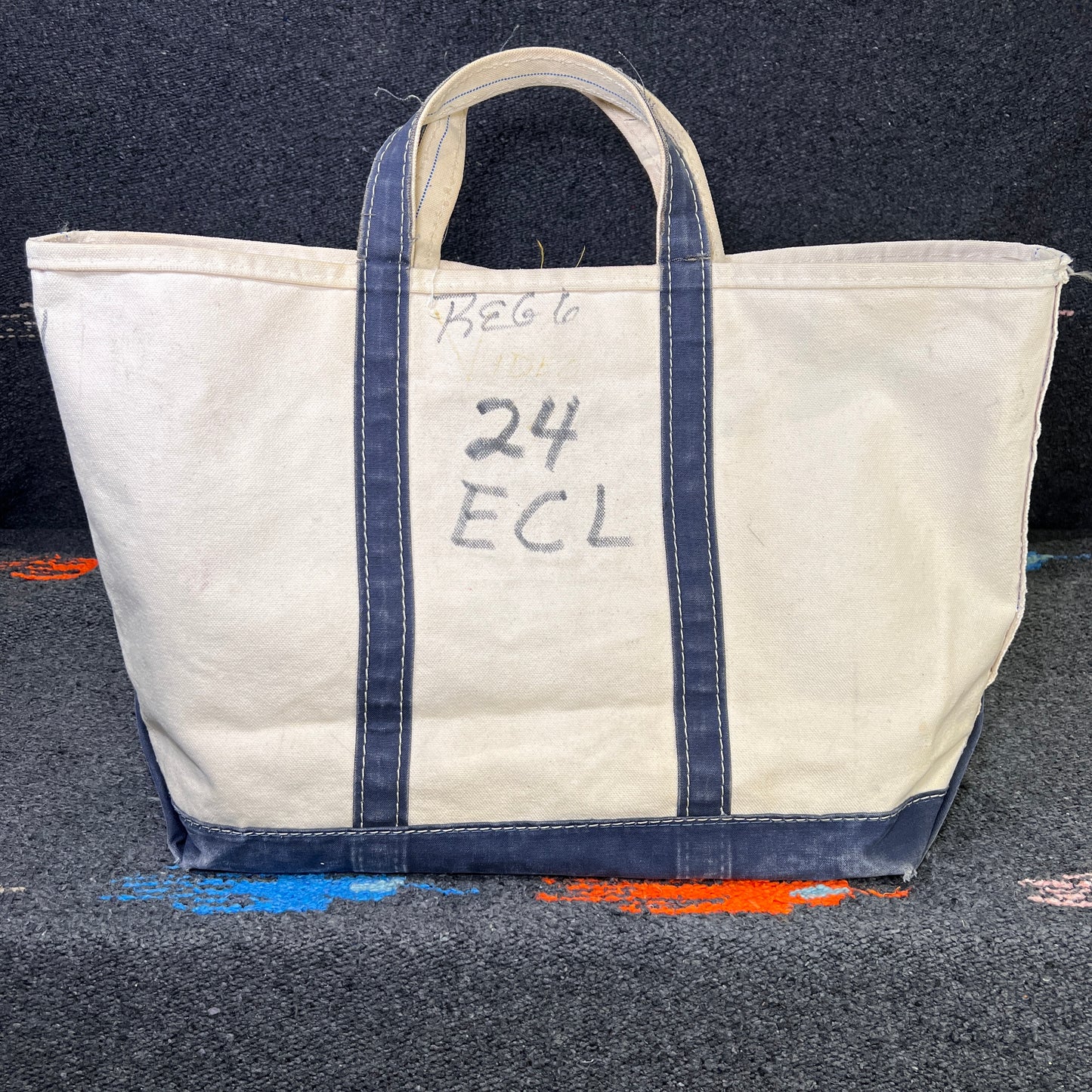 1980s L.L.Bean Blue Beige Large Boat and Tote Bag w/. 24 ECL Hand Drawn
