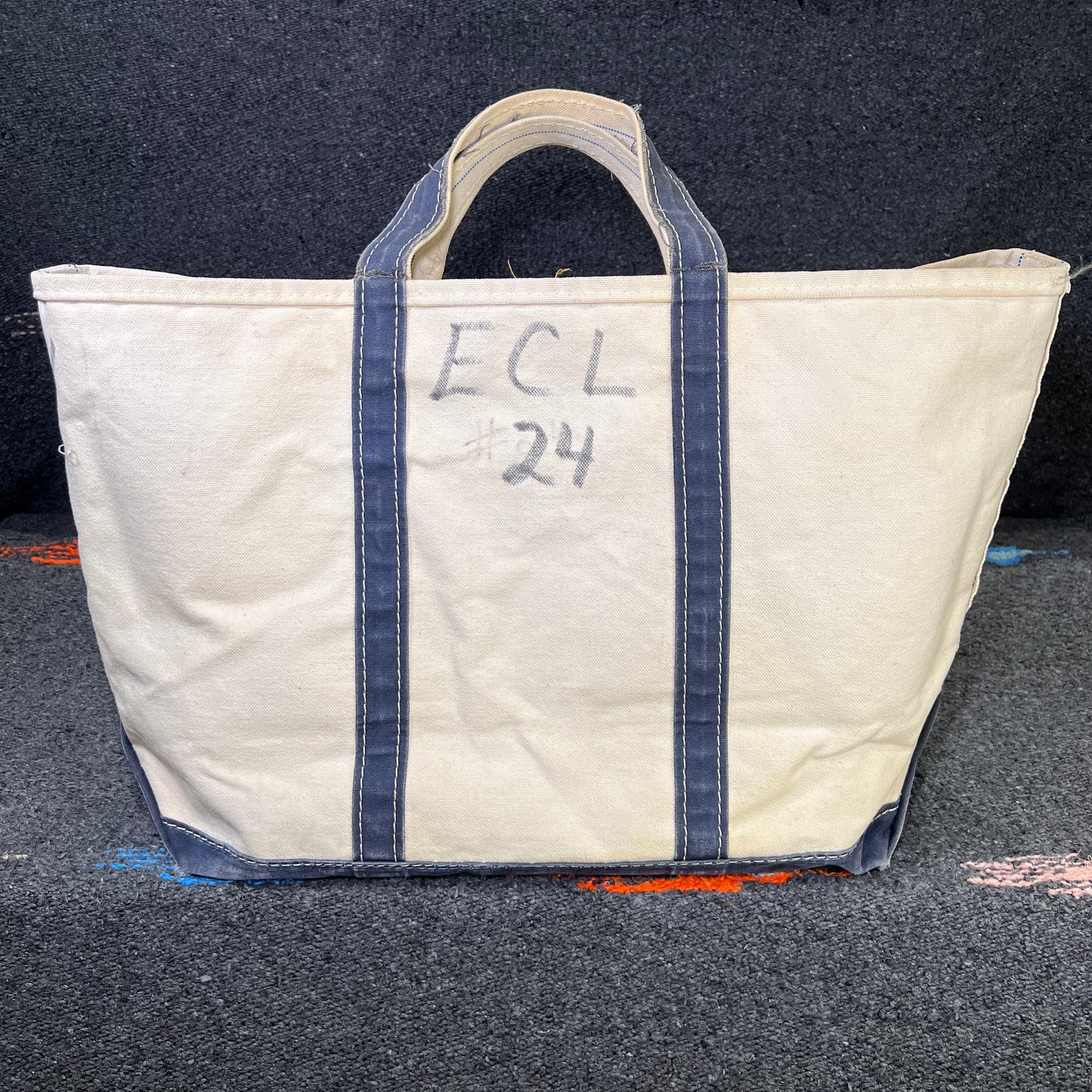 1980s L.L.Bean Blue Beige Large Boat and Tote Bag w/. 24 ECL Hand Drawn