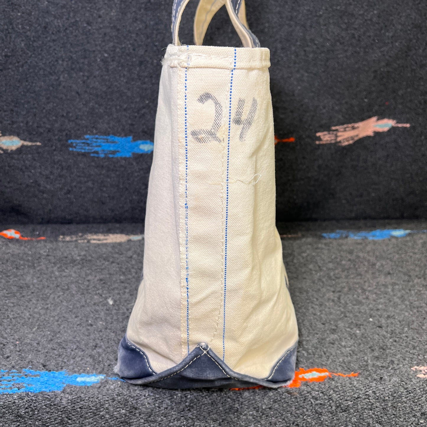 1980s L.L.Bean Blue Beige Large Boat and Tote Bag w/. 24 ECL Hand Drawn