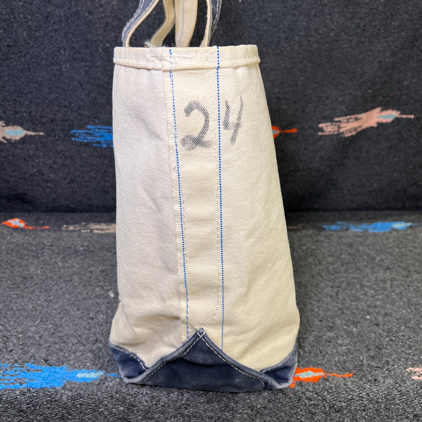 1980s L.L.Bean Blue Beige Large Boat and Tote Bag w/. 24 ECL Hand Drawn
