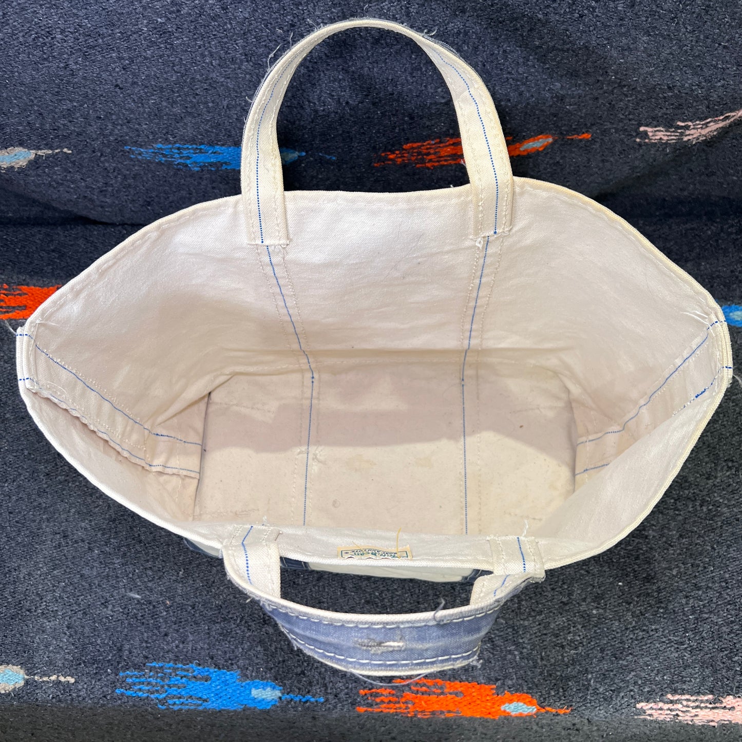 1980s L.L.Bean Blue Beige Large Boat and Tote Bag w/. 24 ECL Hand Drawn