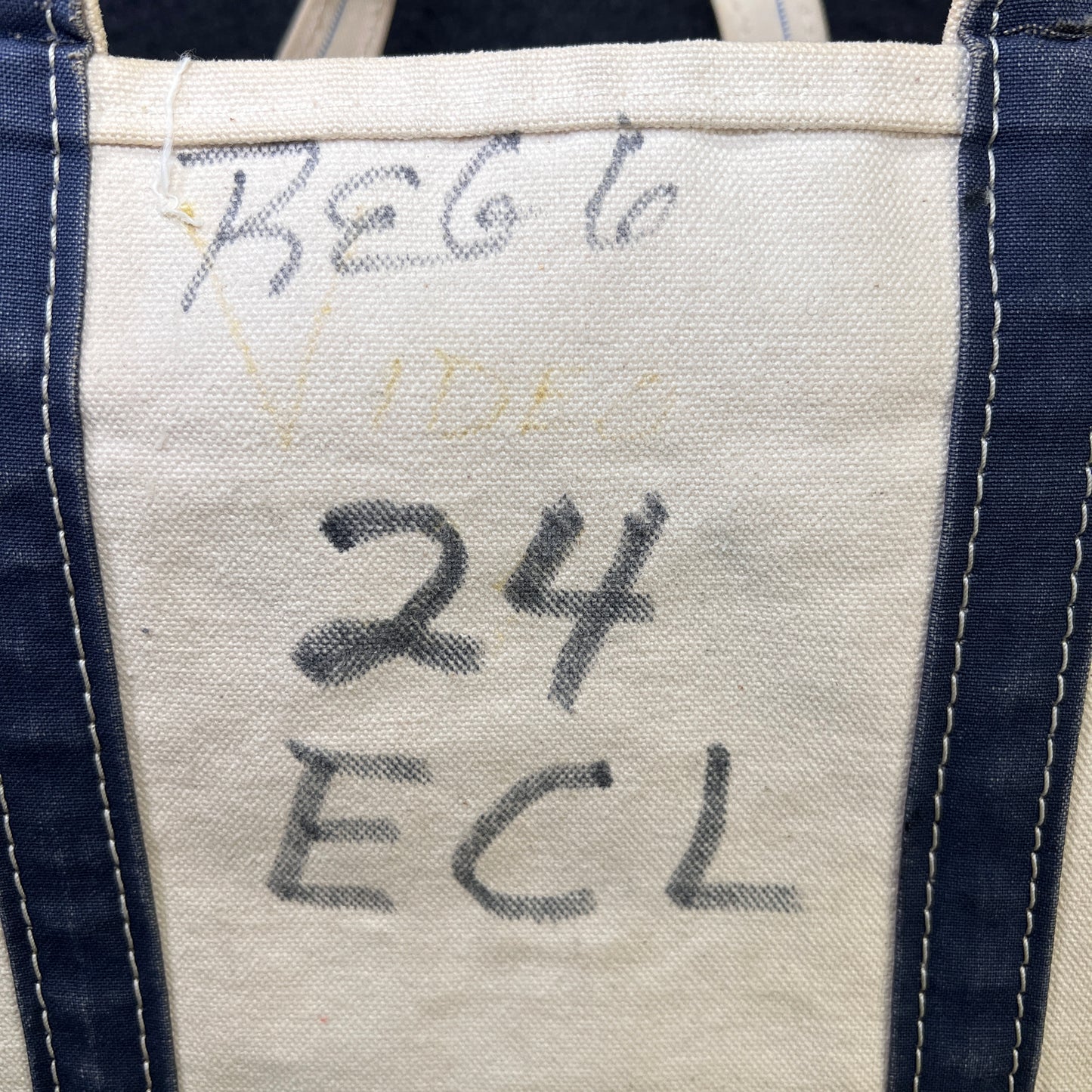 1980s L.L.Bean Blue Beige Large Boat and Tote Bag w/. 24 ECL Hand Drawn