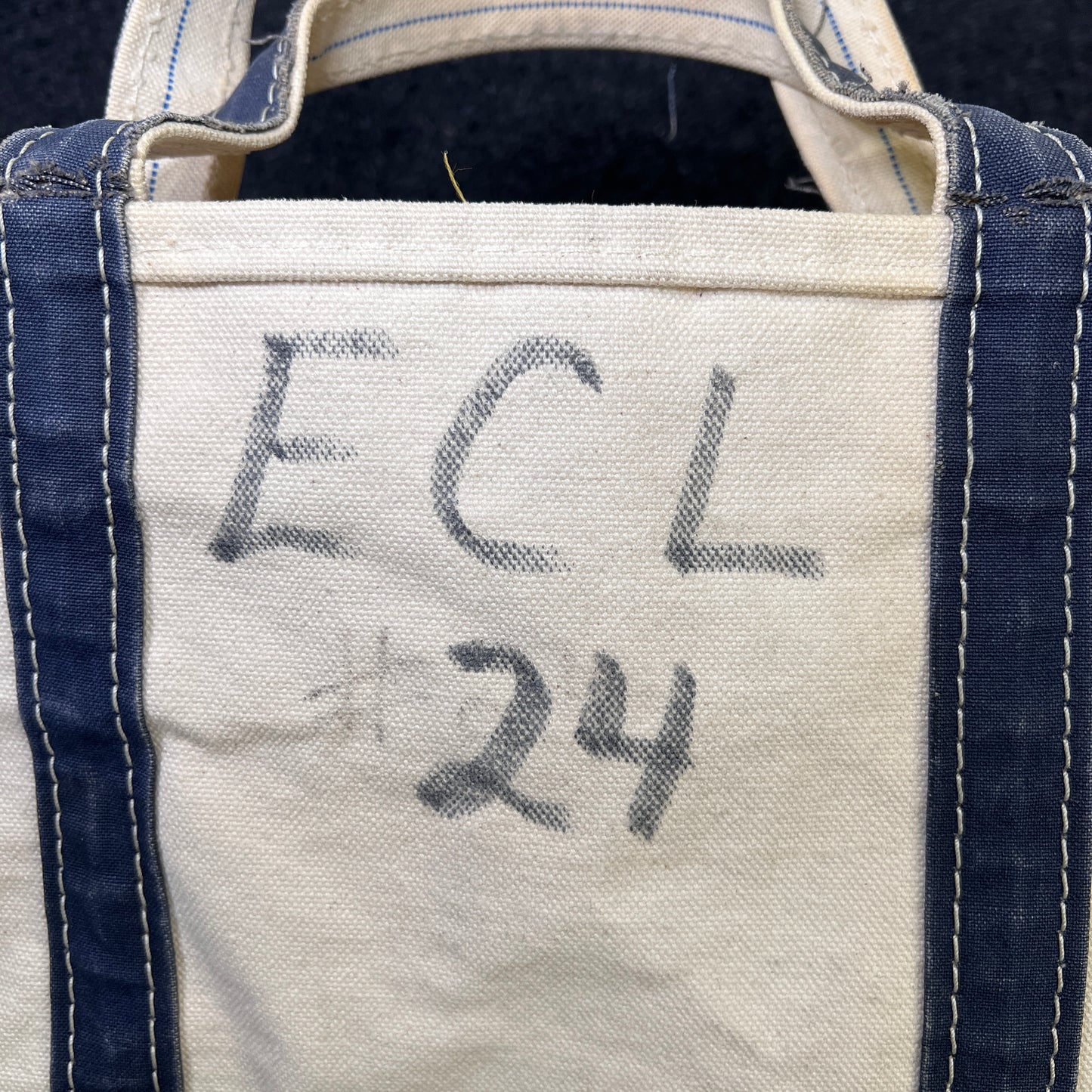 1980s L.L.Bean Blue Beige Large Boat and Tote Bag w/. 24 ECL Hand Drawn