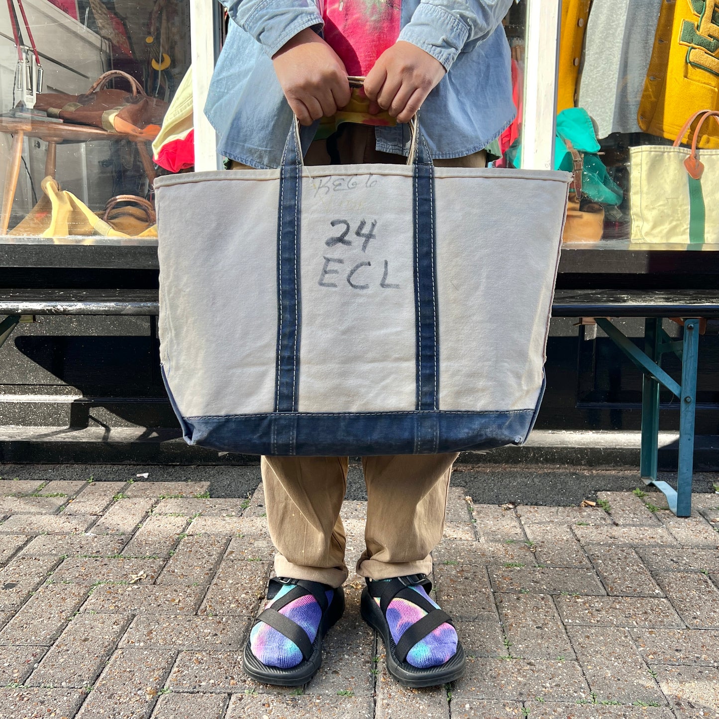 1980s L.L.Bean Blue Beige Large Boat and Tote Bag w/. 24 ECL Hand Drawn
