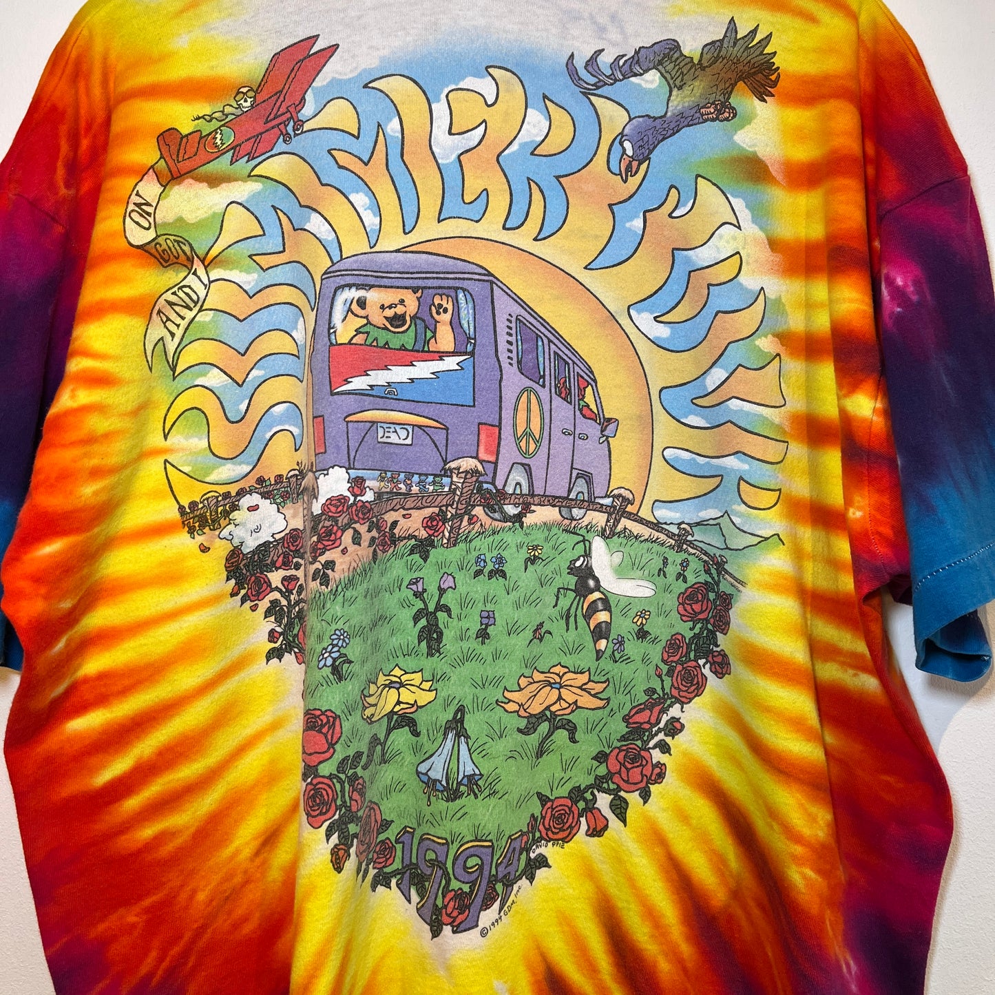 1994s Grateful Dead Tie Dye T-Shirt with Summer Tour Bus Print