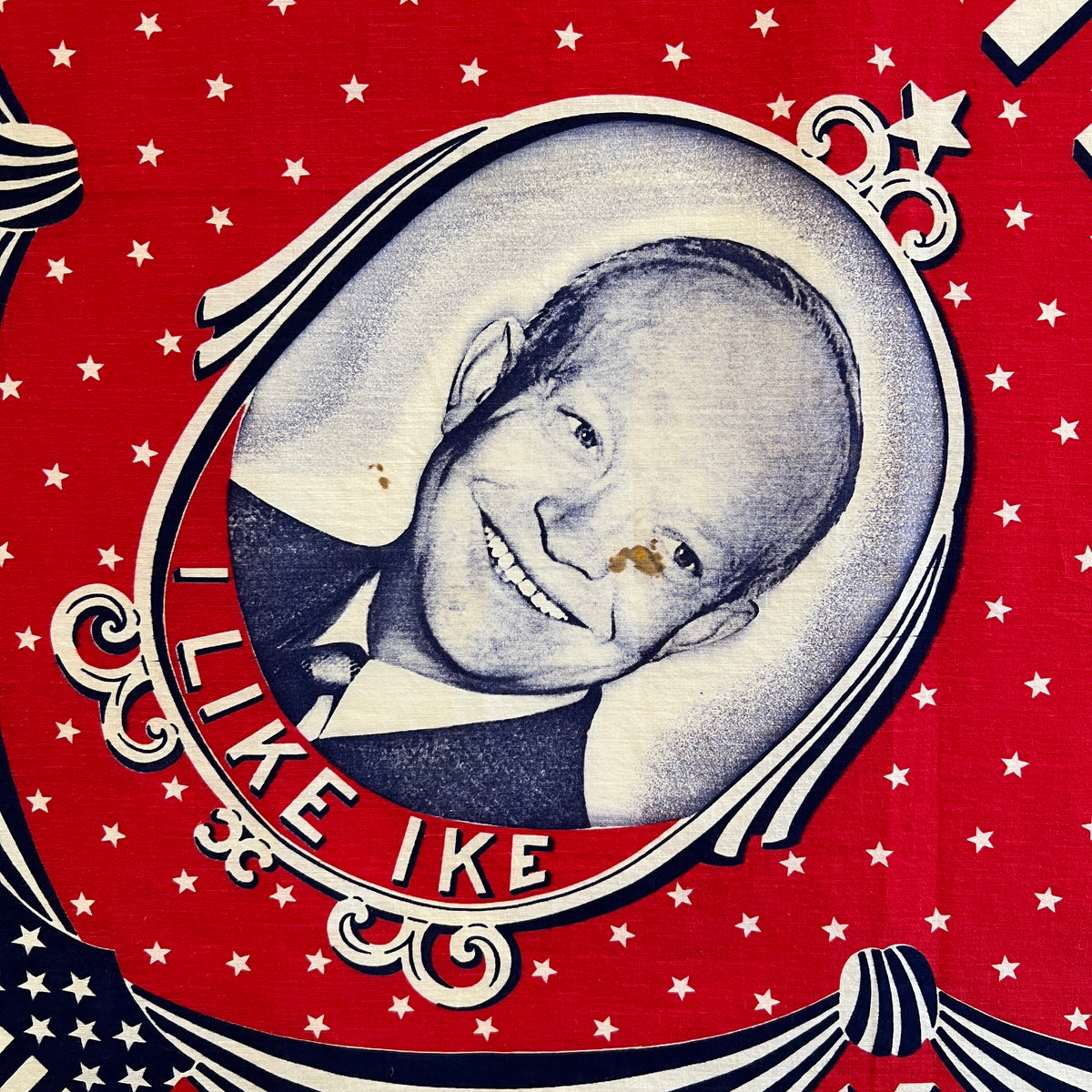 1952s Elephant (Trunk Up) Fast Color Red Color Bandana with Eisenhower "Win with Ike" Presidential Campaign Graphic Print
