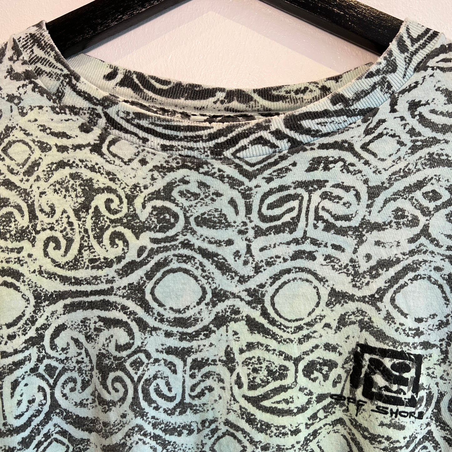 1990s Off Shore T-Shirts with Abstract Geometric and Flock Print Logo