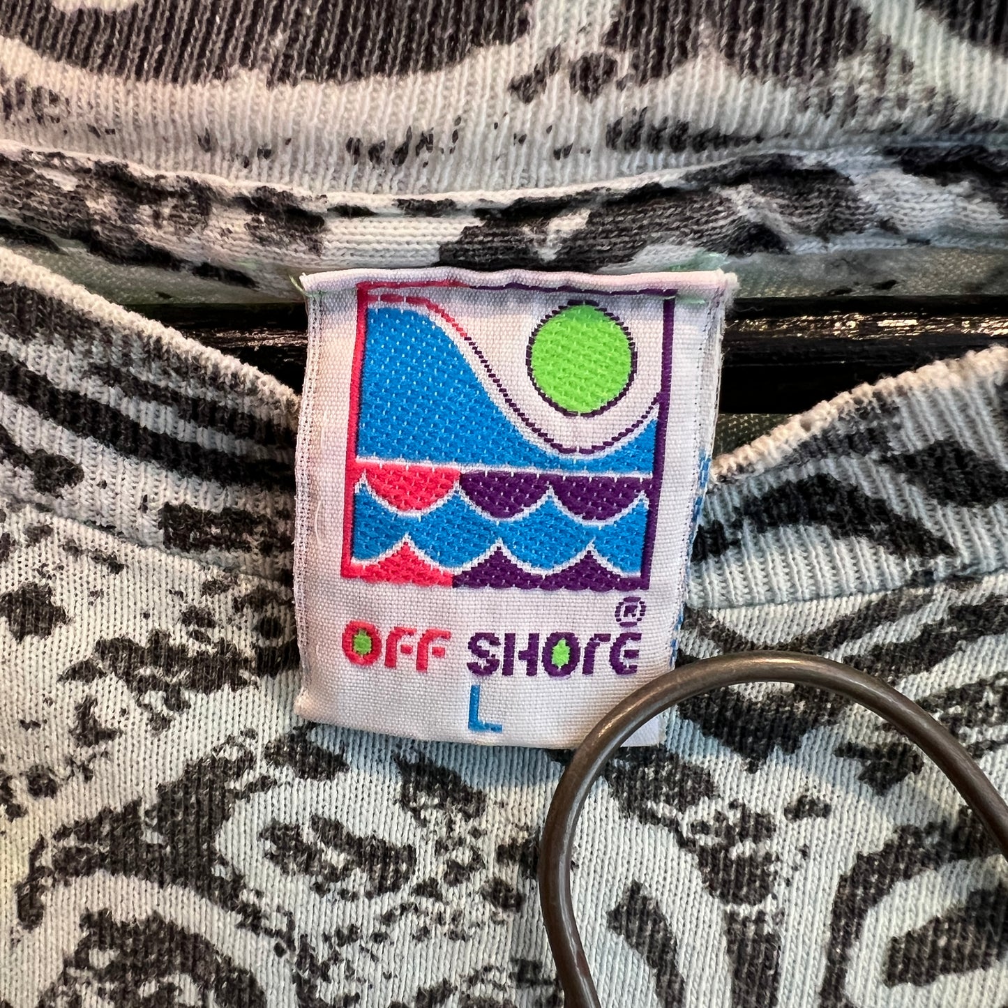 1990s Off Shore T-Shirts with Abstract Geometric and Flock Print Logo