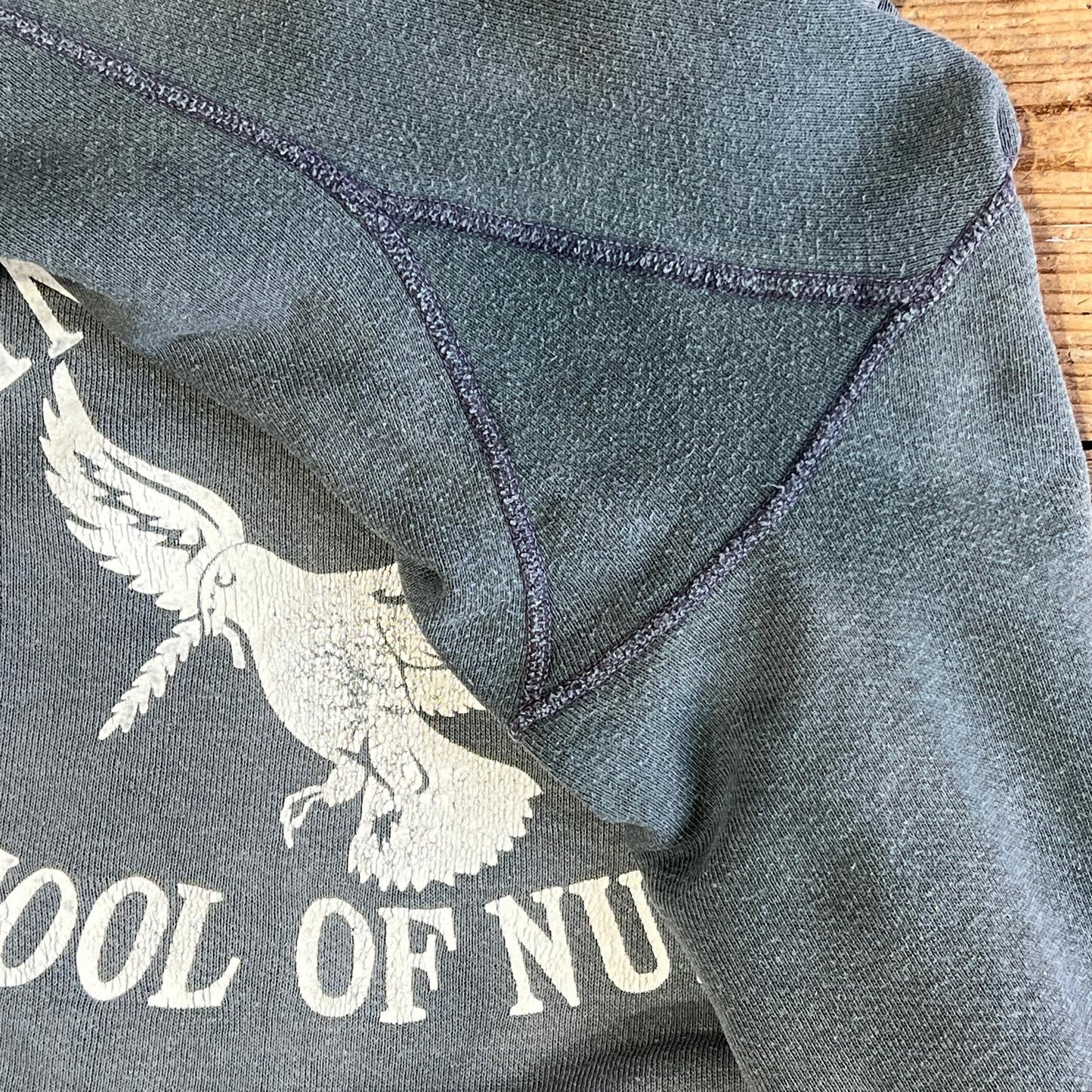 1960s Faded Grey Blue Sweatshirt with Saint Francis School of Nursing Print