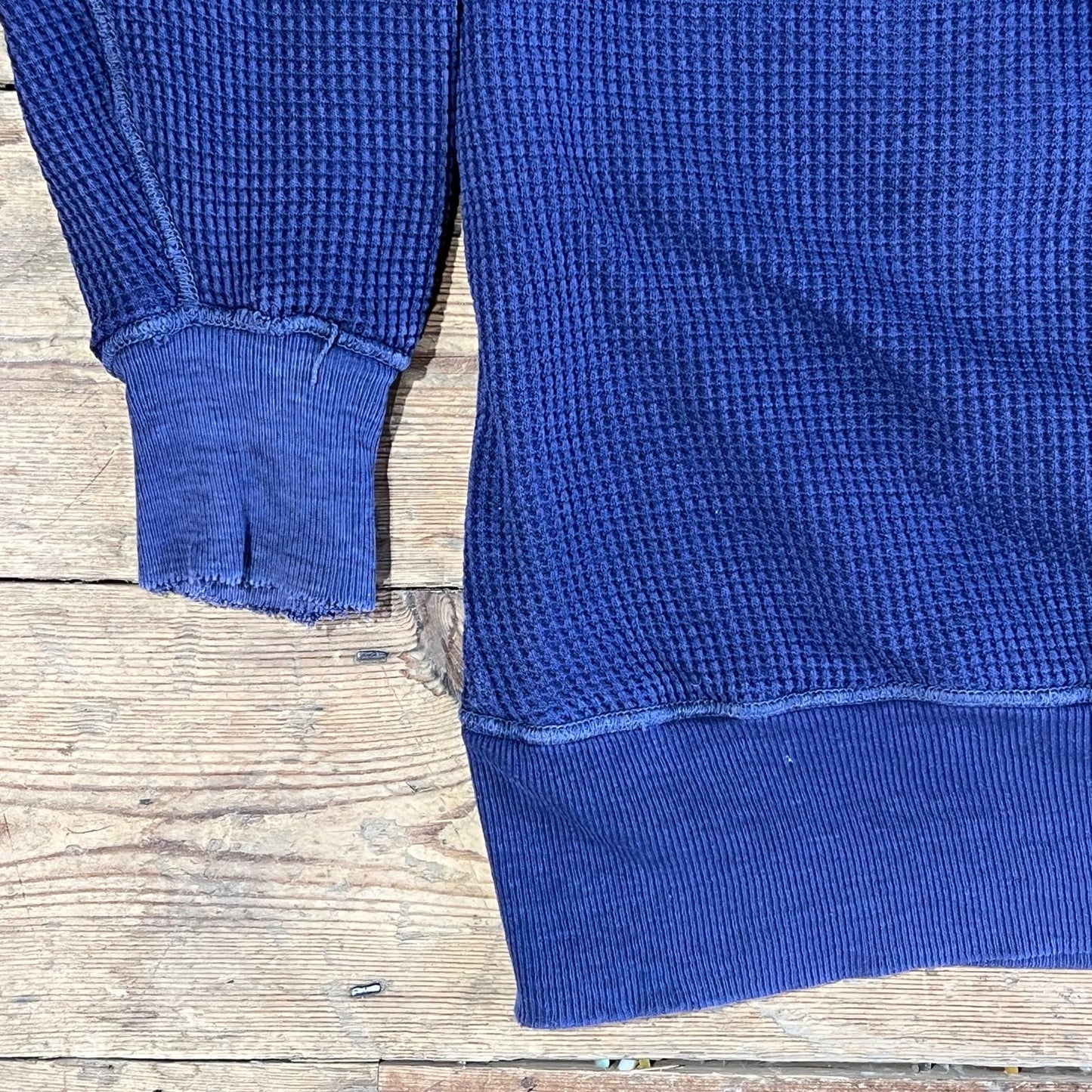 1950s ~ 1960s Pilgrim Faded & Distressed Navy Blue Waffle Thermal Lined Hoodie Sweatshirt