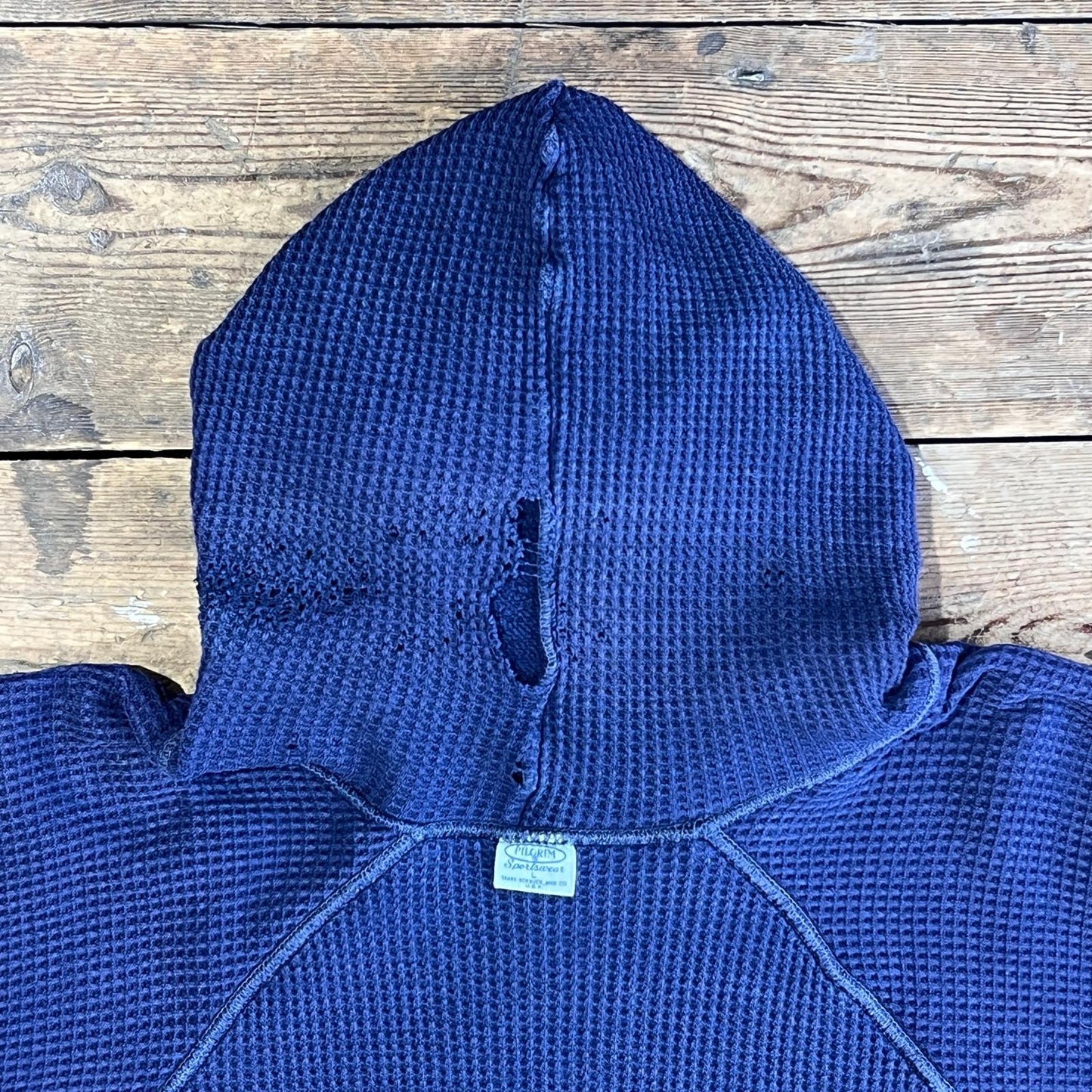 1950s ~ 1960s Pilgrim Faded & Distressed Navy Blue Waffle Thermal Lined Hoodie Sweatshirt