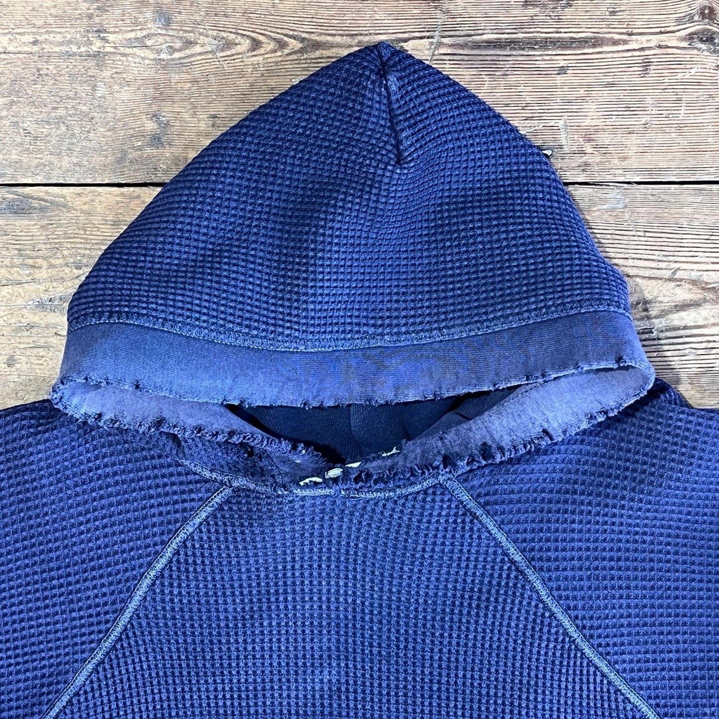 1950s ~ 1960s Pilgrim Faded & Distressed Navy Blue Waffle Thermal Lined Hoodie Sweatshirt