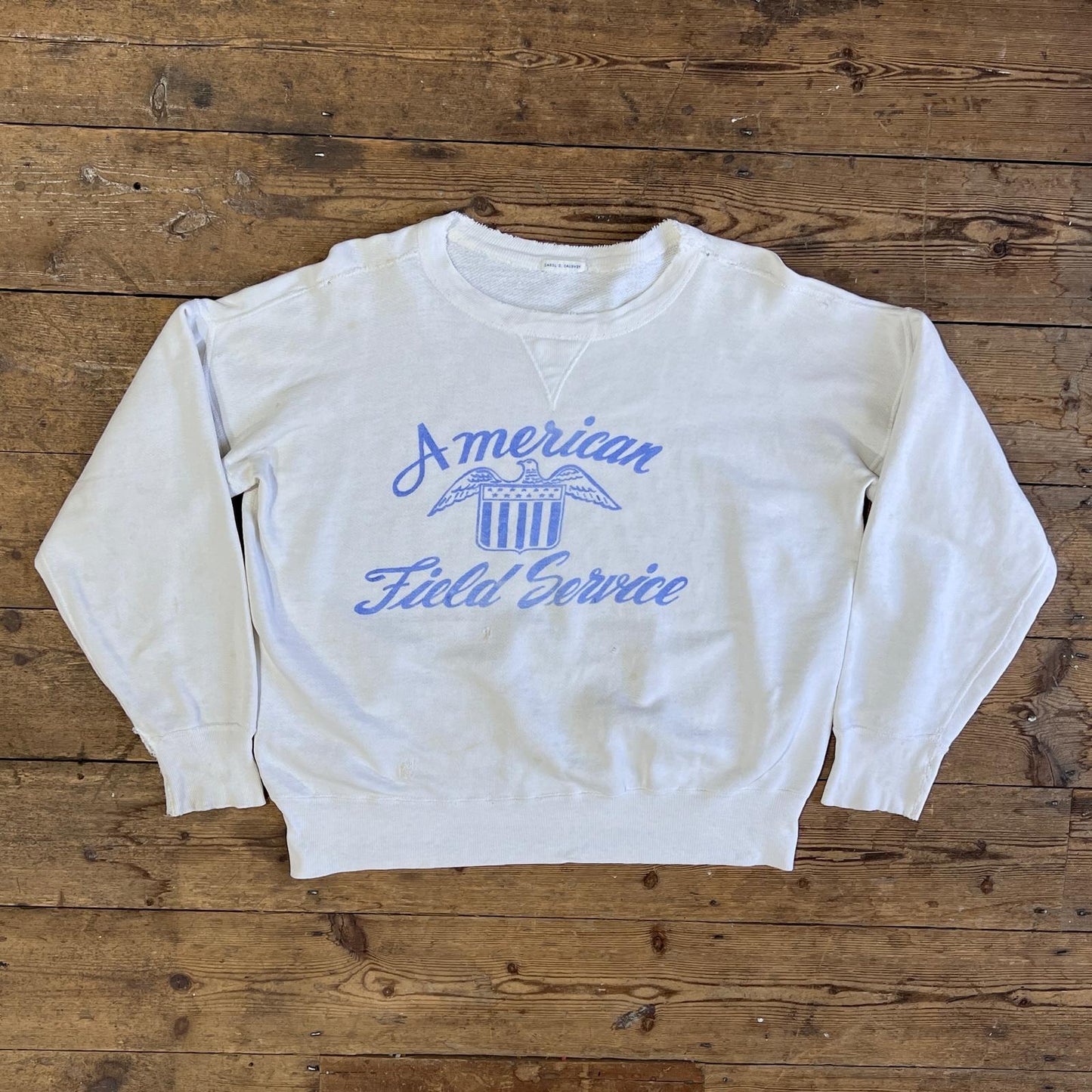 1950s Single V White Sweatshirt with American Field Service Print