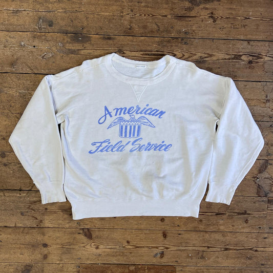 1950s Single V White Sweatshirt with American Field Service Print