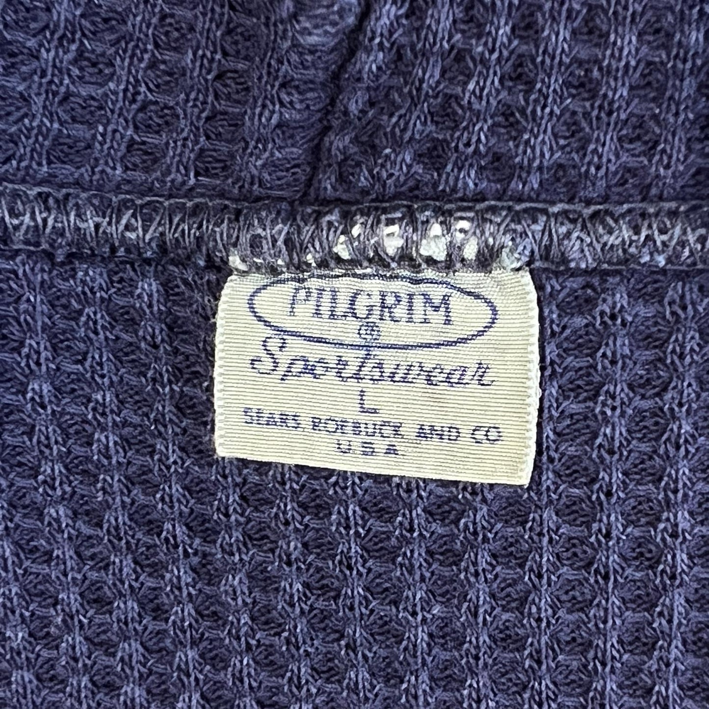 1950s ~ 1960s Pilgrim Faded & Distressed Navy Blue Waffle Thermal Lined Hoodie Sweatshirt