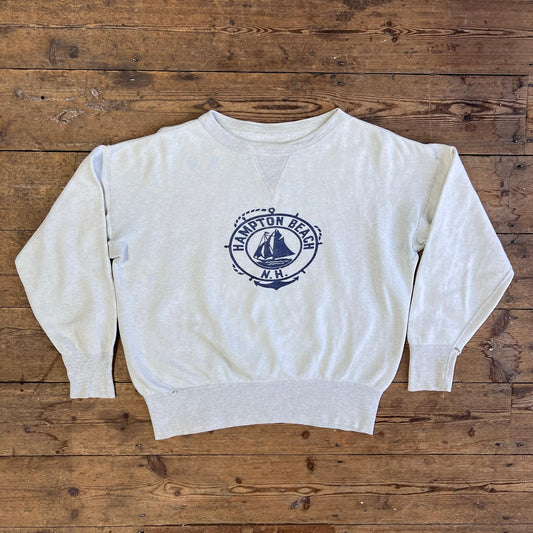 1950s Single V Heather Light Grey Sweatshirt with Hampton Beach N.H. Print