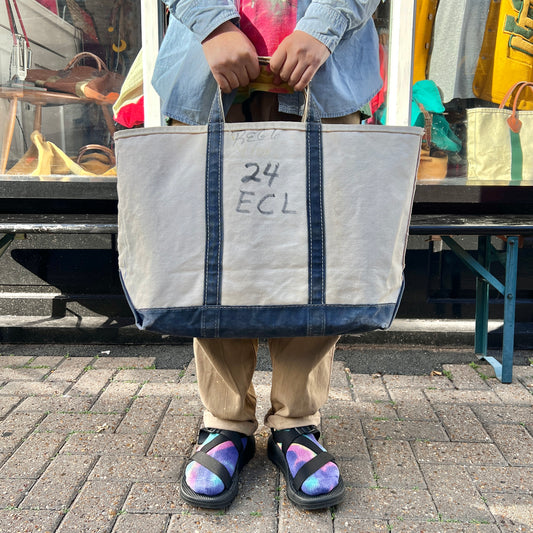 1980s L.L.Bean Blue Beige Large Boat and Tote Bag w/. 24 ECL Hand Drawn