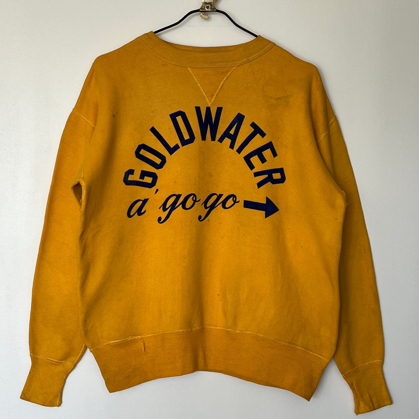 1950s Russell Athletic Single V Yellow Sweatshirt with Goldwater A Go Go Flock Print