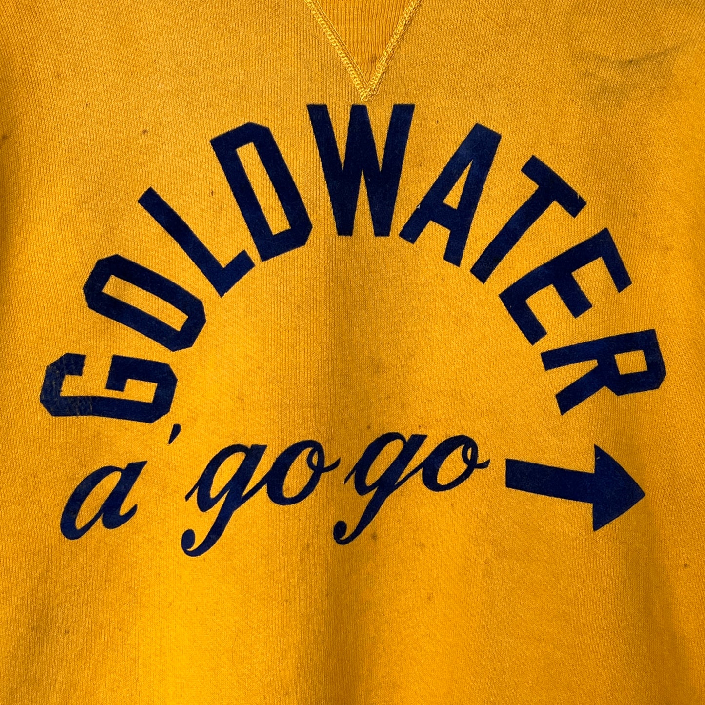 1950s Russell Athletic Single V Yellow Sweatshirt with Goldwater A Go Go Flock Print