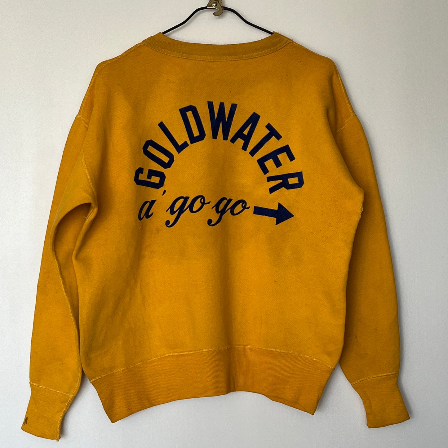 1950s Russell Athletic Single V Yellow Sweatshirt with Goldwater A Go Go Flock Print