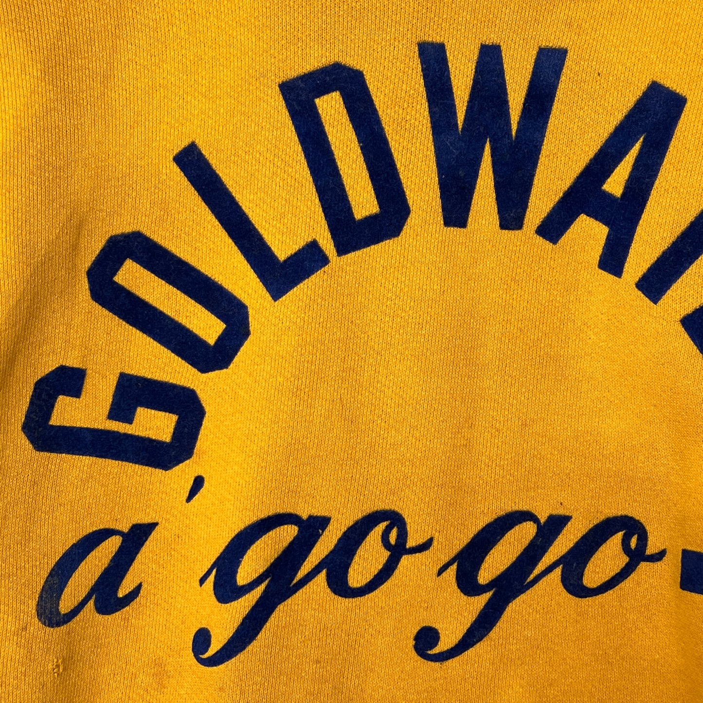 1950s Russell Athletic Single V Yellow Sweatshirt with Goldwater A Go Go Flock Print