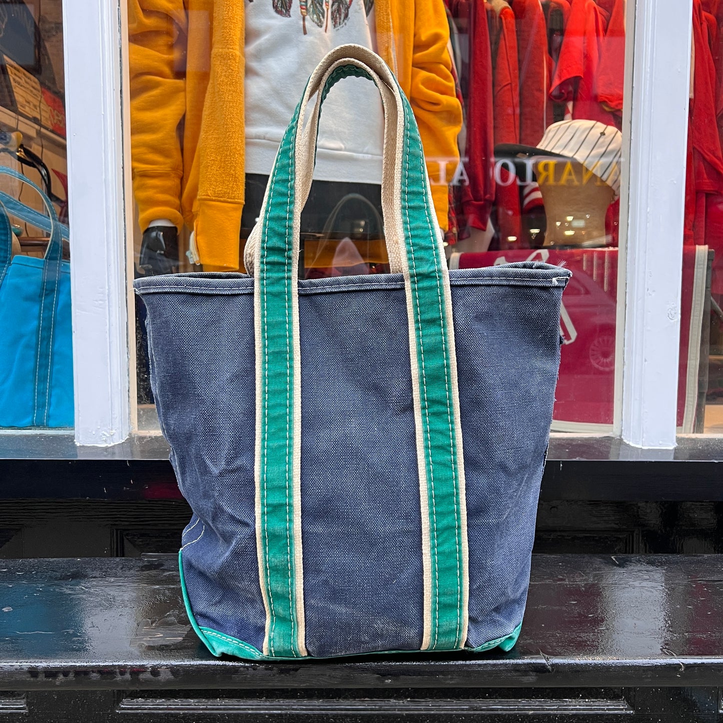 1980s L.L.Bean Two Tone Blue and Green Medium Boat and Tote Bag