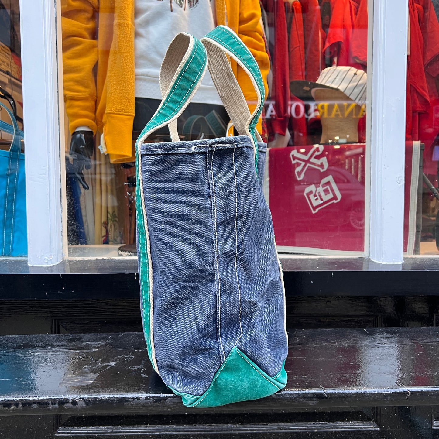 1980s L.L.Bean Two Tone Blue and Green Medium Boat and Tote Bag