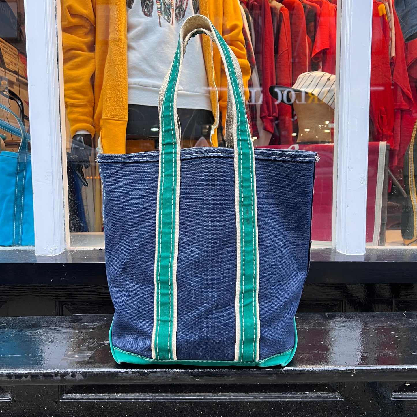 1980s L.L.Bean Two Tone Blue and Green Medium Boat and Tote Bag