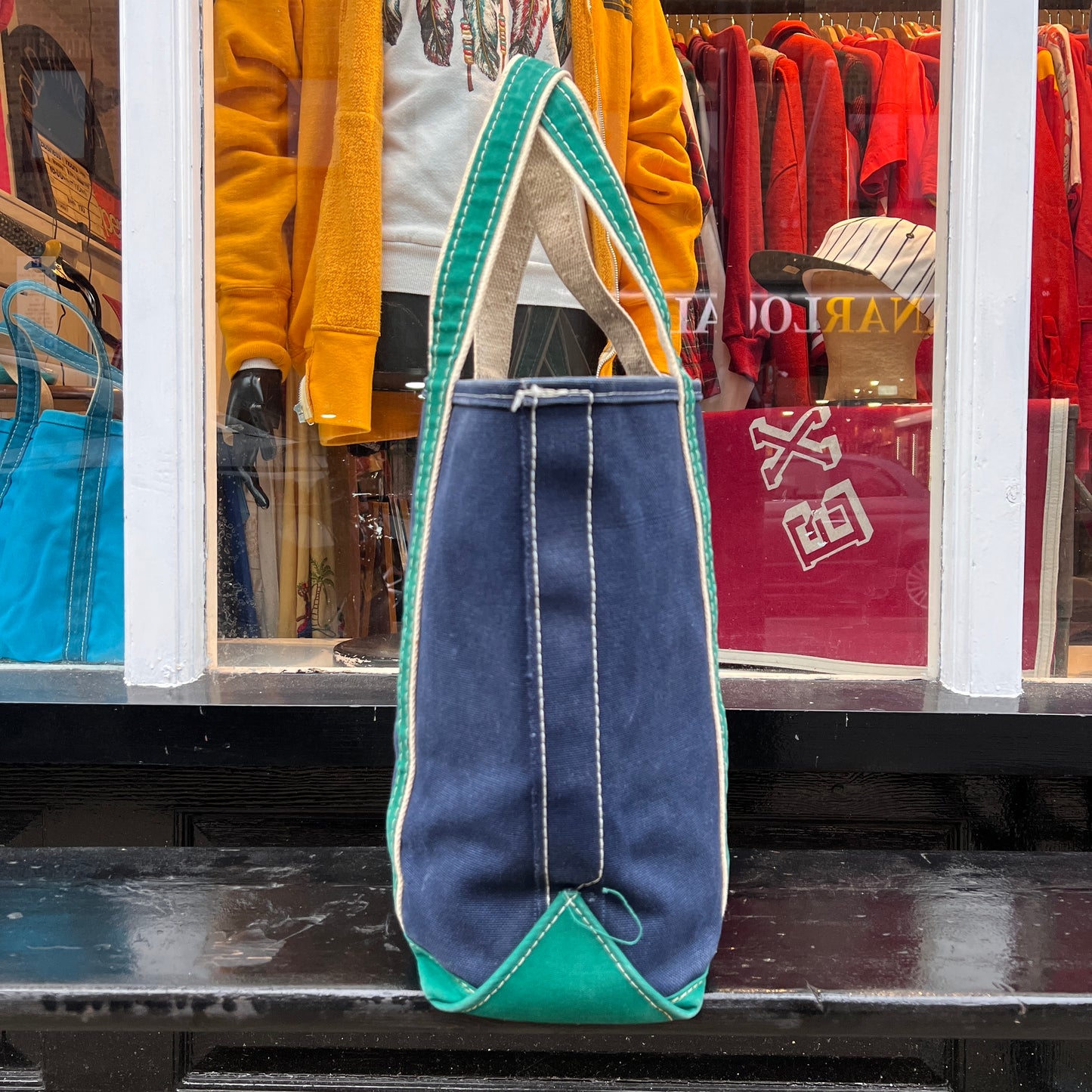 1980s L.L.Bean Two Tone Blue and Green Medium Boat and Tote Bag