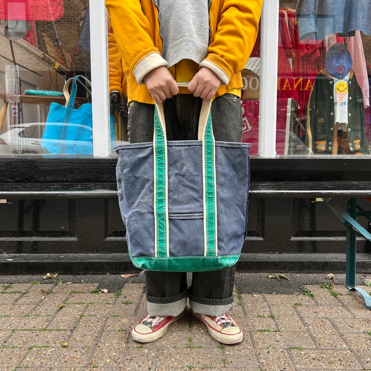 1980s L.L.Bean Two Tone Blue and Green Medium Boat and Tote Bag