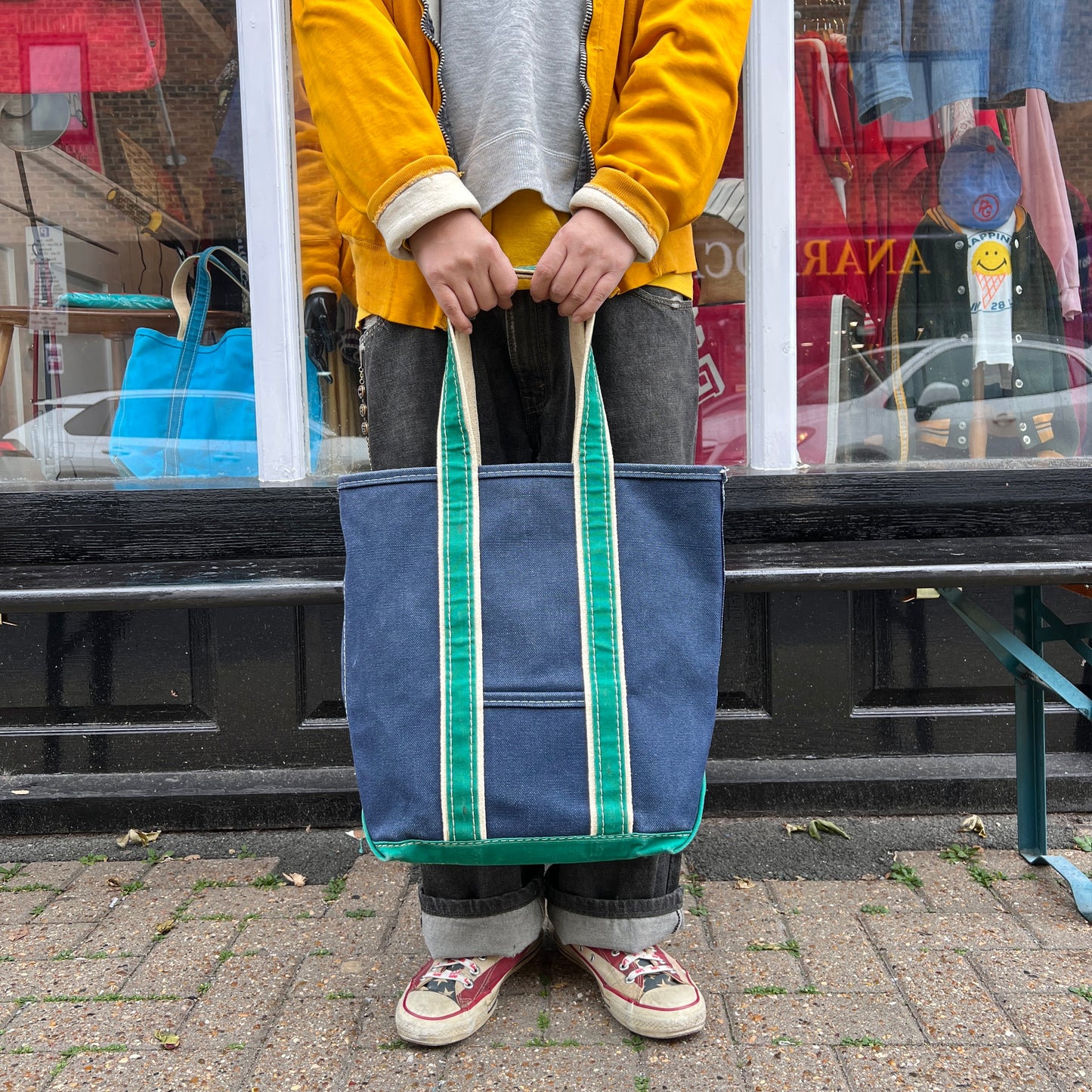1980s L.L.Bean Two Tone Blue and Green Medium Boat and Tote Bag