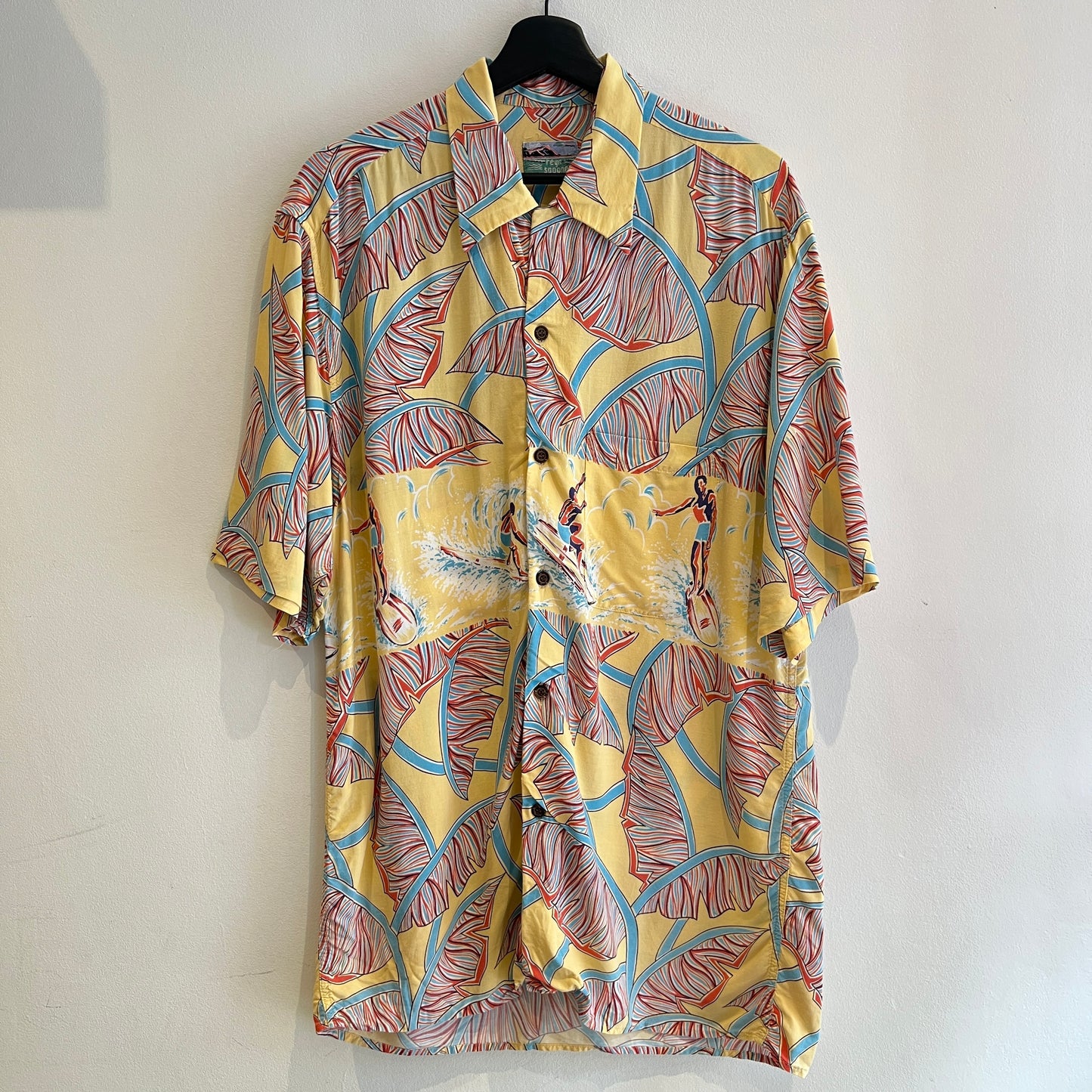 1980s Reyn Spooner Hawaiian Shirt with Tropical Surfer Surfing Print