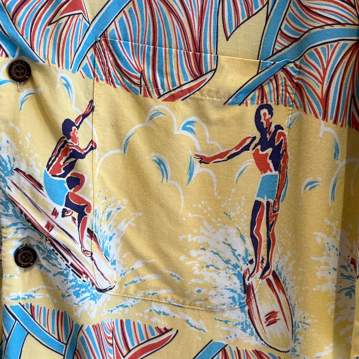 1980s Reyn Spooner Hawaiian Shirt with Tropical Surfer Surfing Print