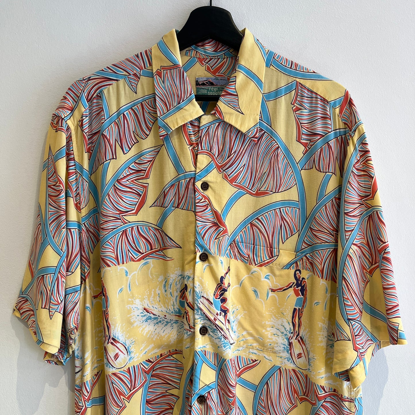 1980s Reyn Spooner Hawaiian Shirt with Tropical Surfer Surfing Print