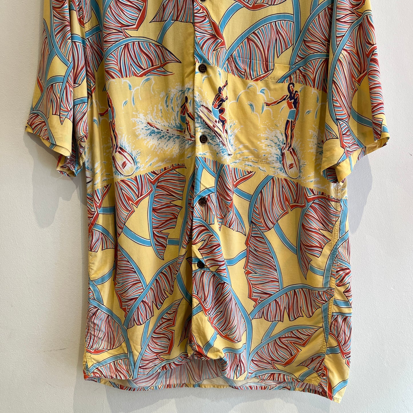 1980s Reyn Spooner Hawaiian Shirt with Tropical Surfer Surfing Print