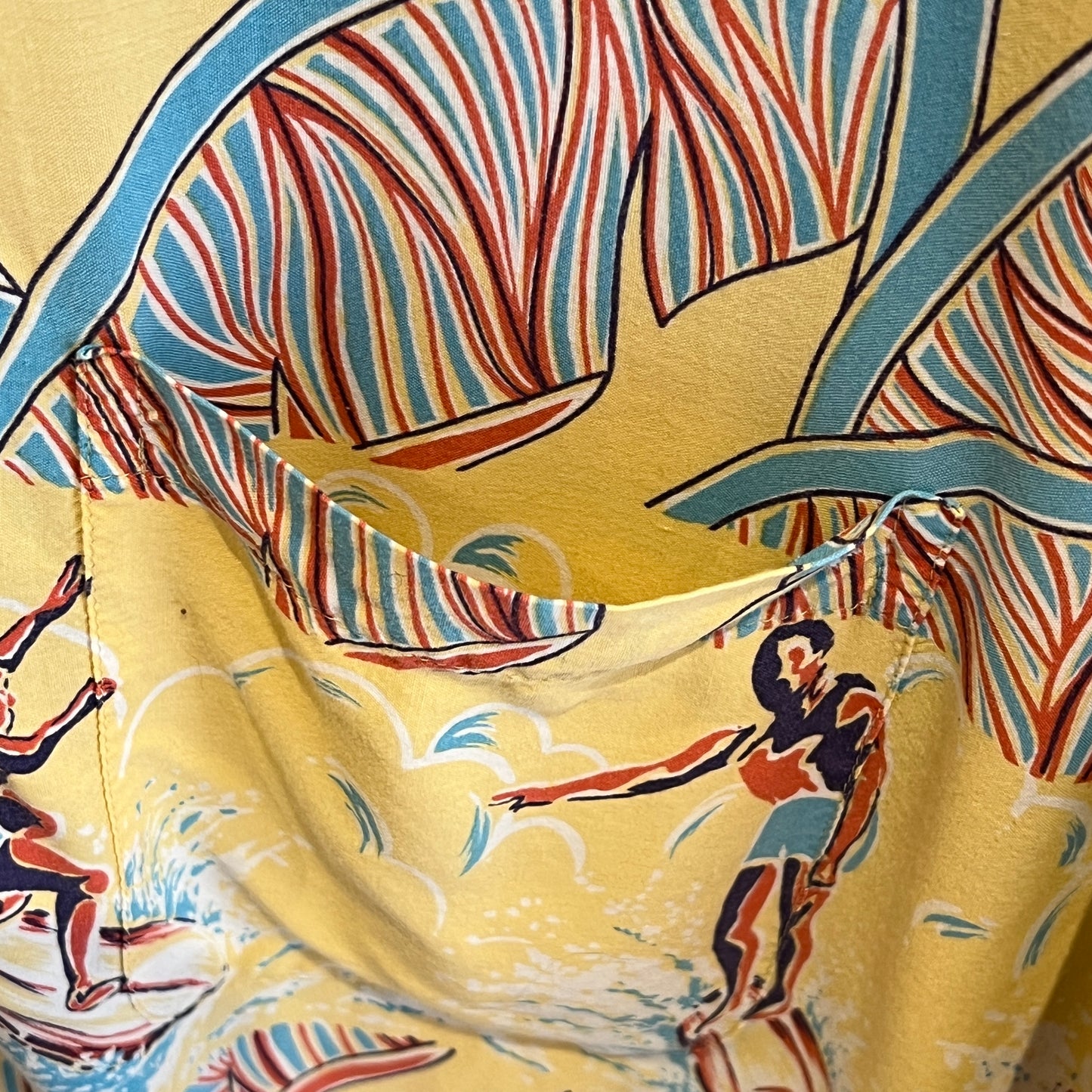 1980s Reyn Spooner Hawaiian Shirt with Tropical Surfer Surfing Print