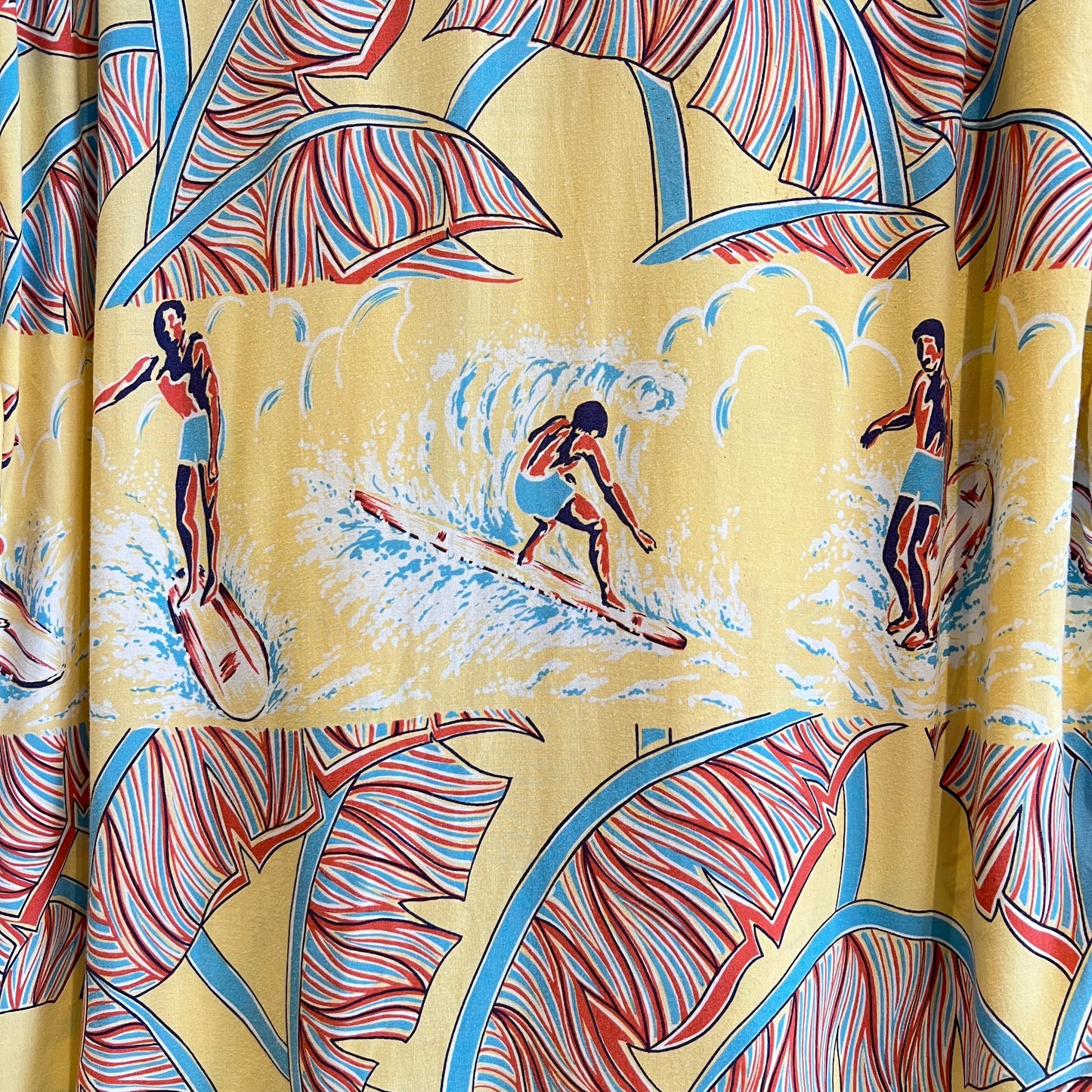 1980s Reyn Spooner Hawaiian Shirt with Tropical Surfer Surfing Print