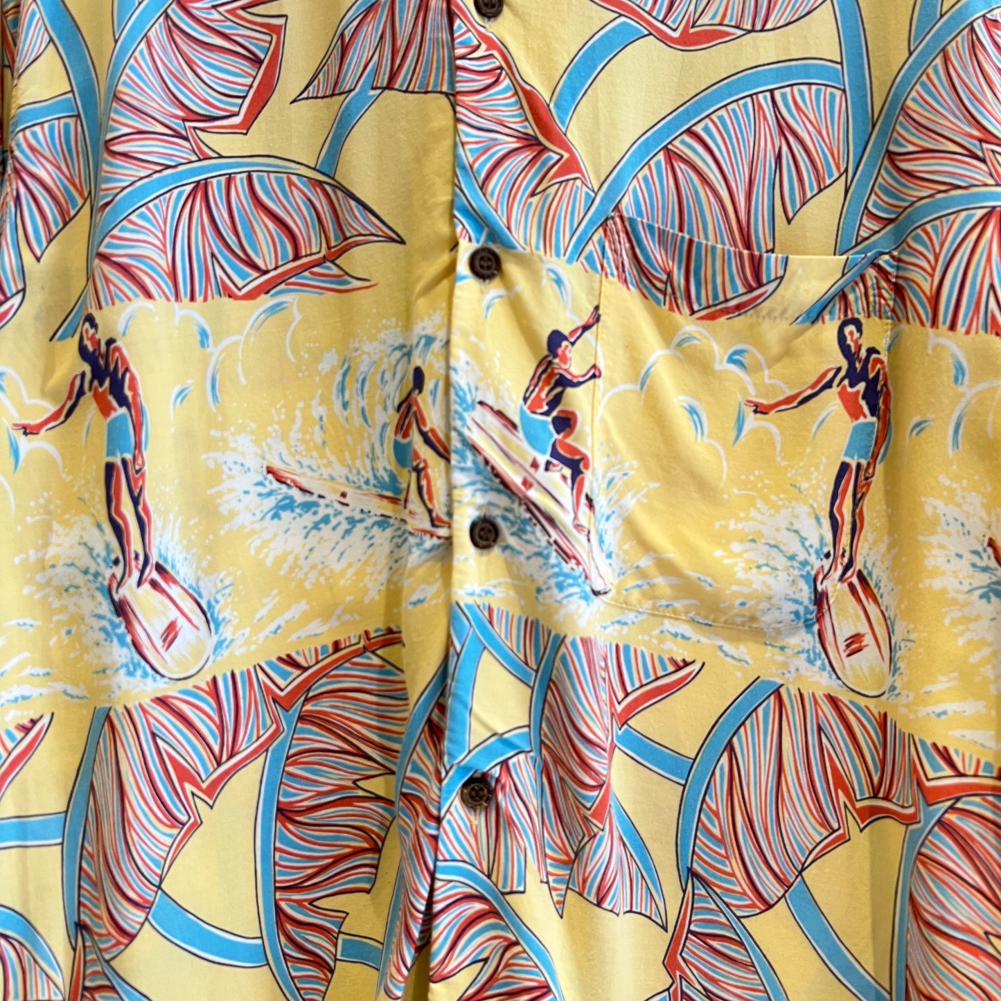1980s Reyn Spooner Hawaiian Shirt with Tropical Surfer Surfing Print
