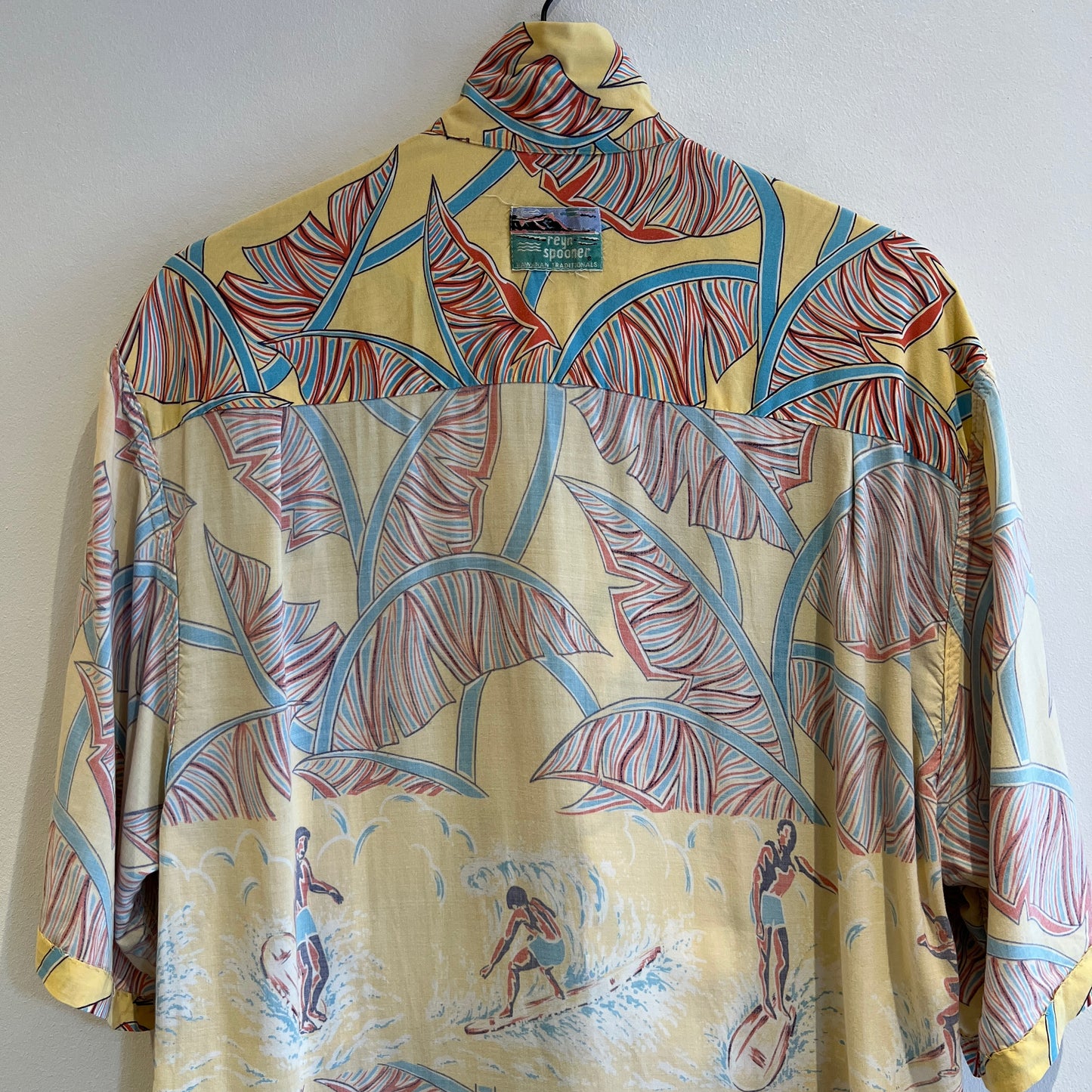 1980s Reyn Spooner Hawaiian Shirt with Tropical Surfer Surfing Print