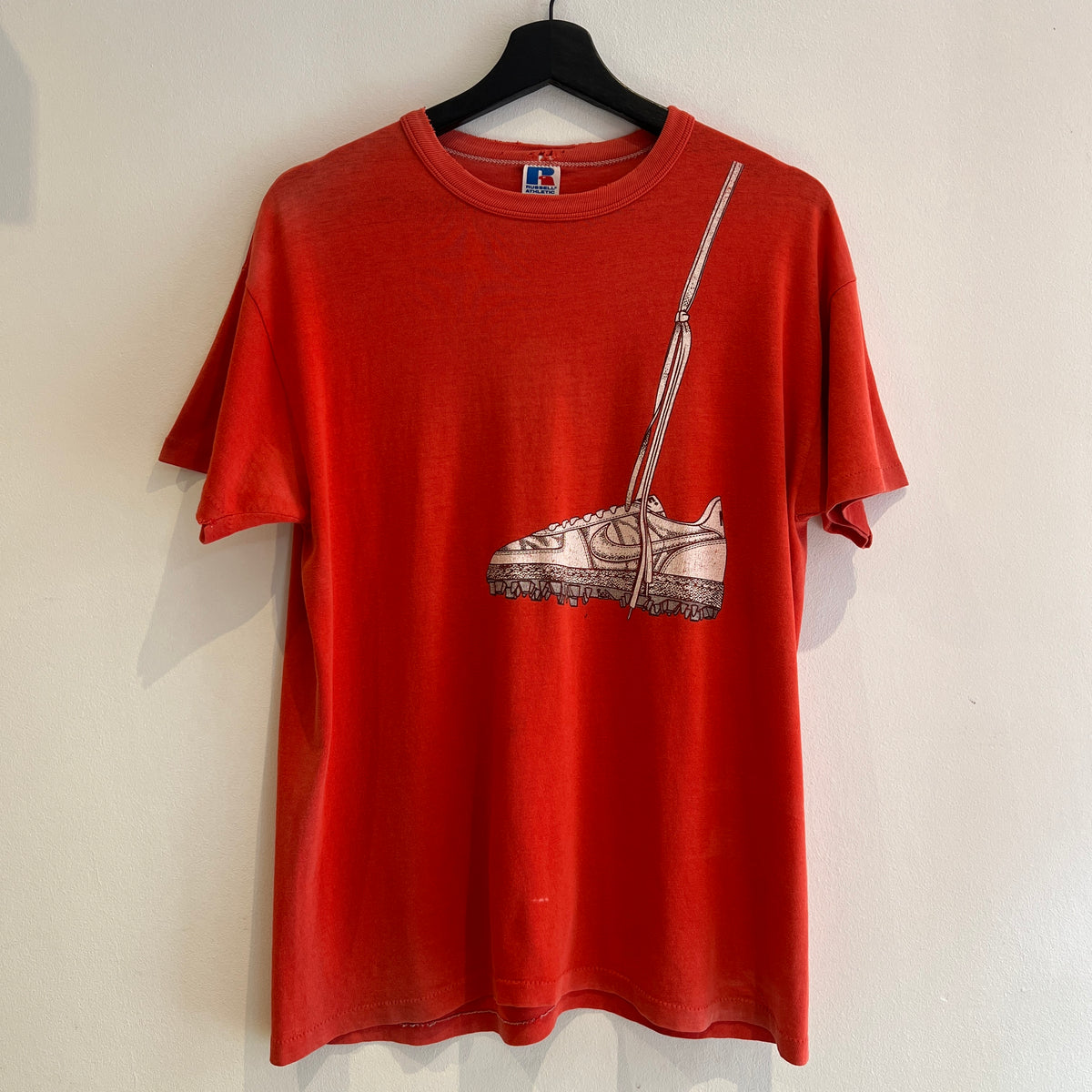 1980s Russell Athletic Faded Red T-Shirt with Nike Sneaker and Logo Print