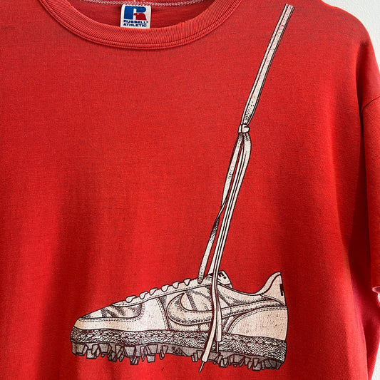 1980s Russell Athletic Faded Red T-Shirt with Nike Sneaker and Logo Print