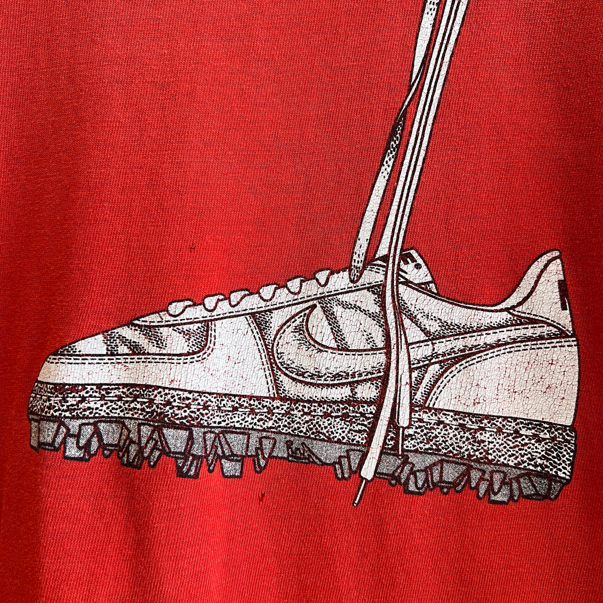 1980s Russell Athletic Faded Red T-Shirt with Nike Sneaker and Logo Print