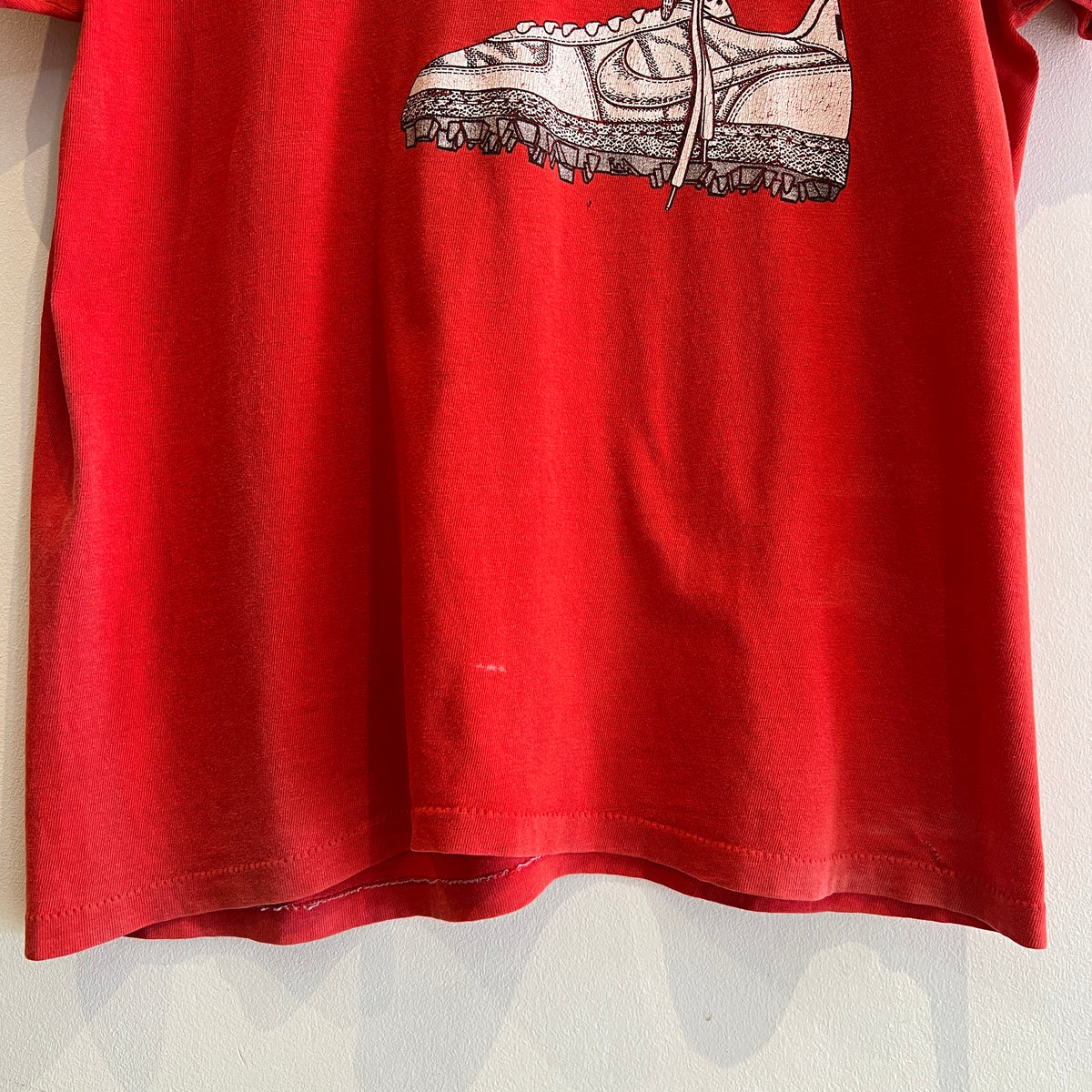1980s Russell Athletic Faded Red T-Shirt with Nike Sneaker and Logo Print