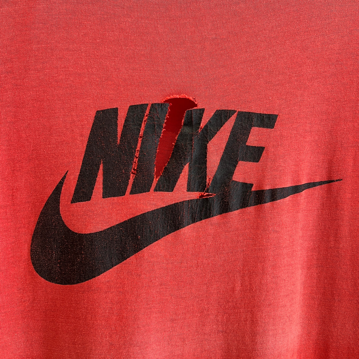 1980s Russell Athletic Faded Red T-Shirt with Nike Sneaker and Logo Print
