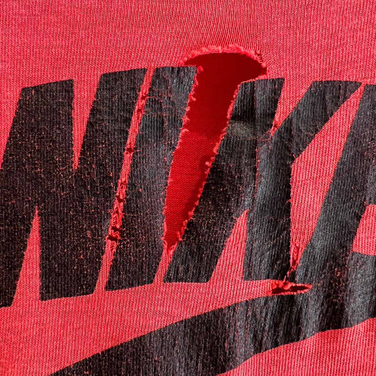 1980s Russell Athletic Faded Red T-Shirt with Nike Sneaker and Logo Print