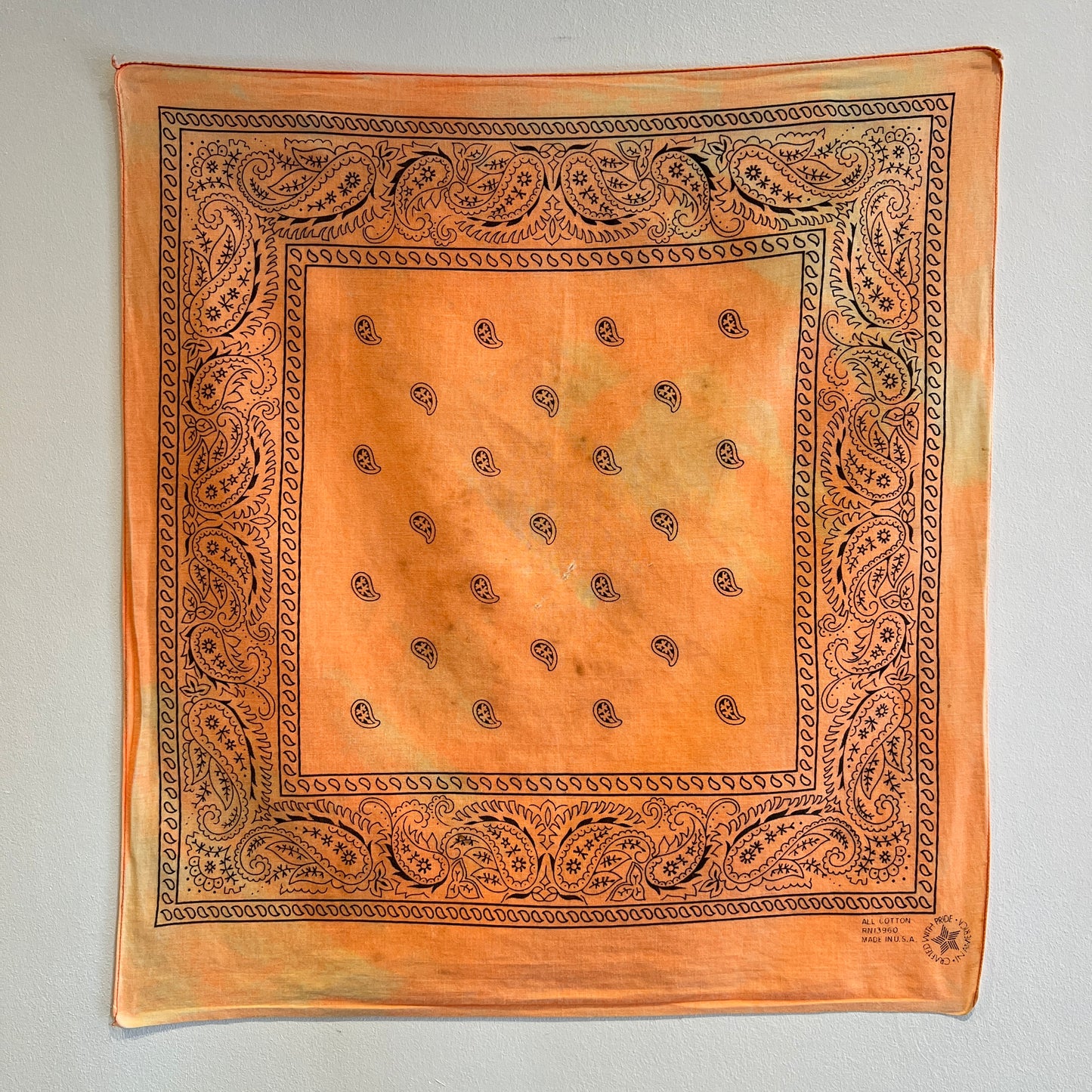 1984s ~ Early 1990s Faded Orange Color Bandana with Paisley Pattern Print