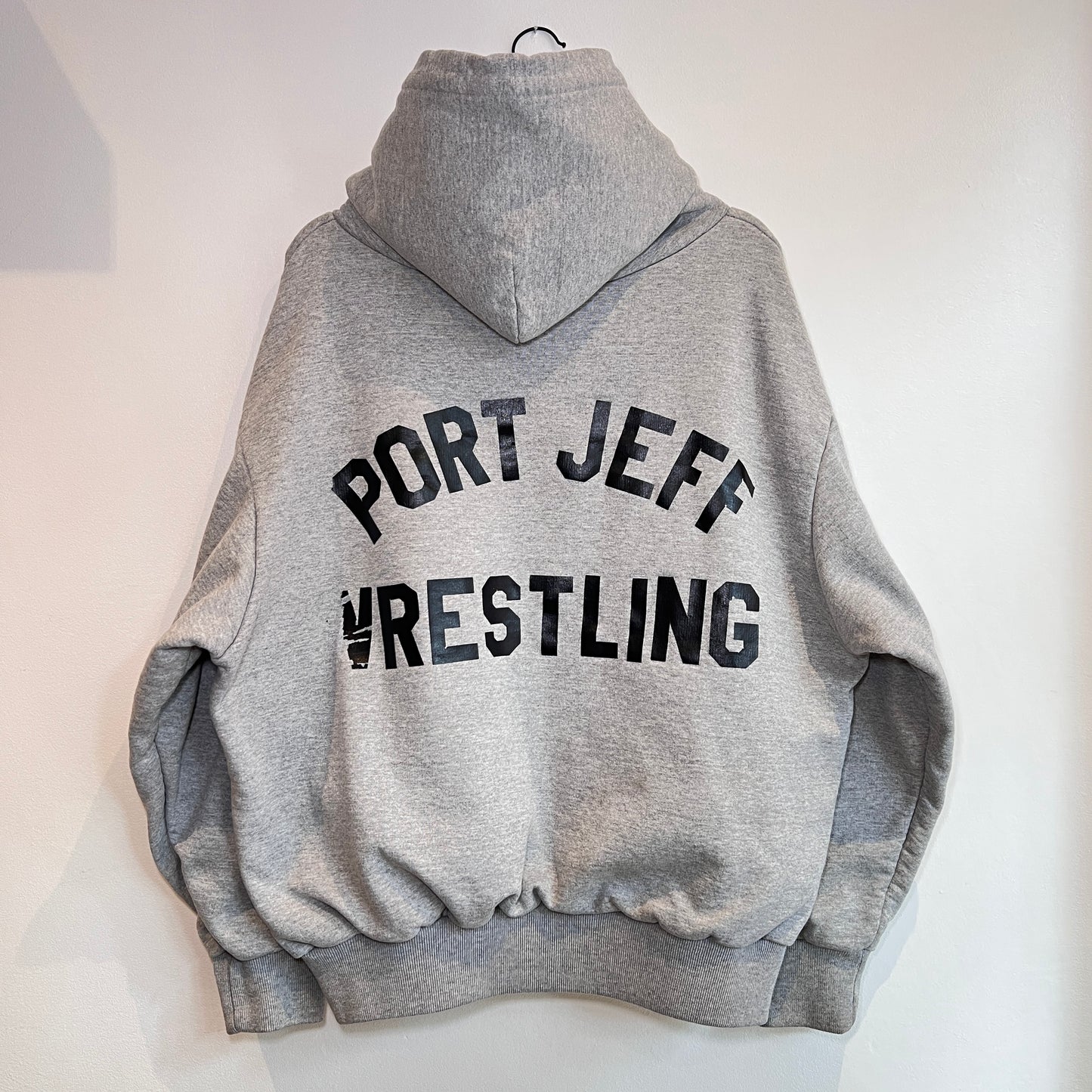 1990s Camber Medium Heather Grey Waffle Thermal Lined Hoodie Super Boxy Sweatshirt with Port Jeff Vrestling Print
