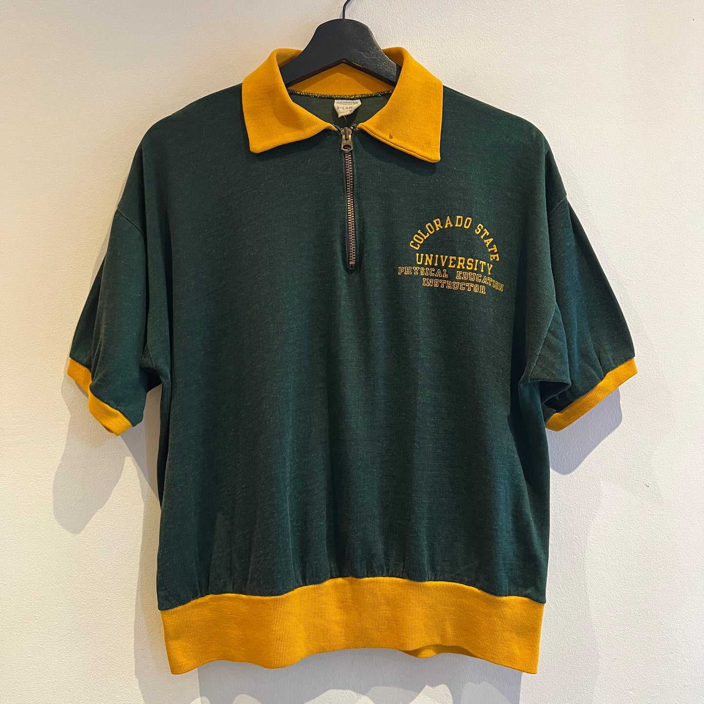 1967s ~ 1971s Champion Half-zip Green and Yellow T-Shirt with Colorado State University P.E.I. Print