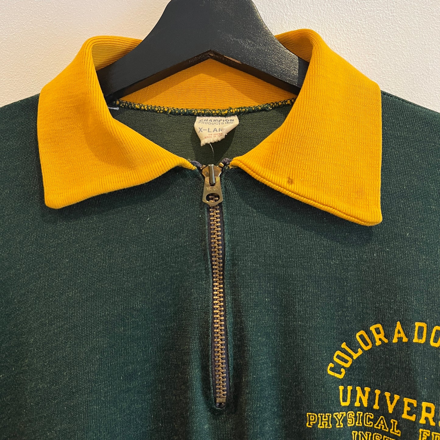 1967s ~ 1971s Champion Half-zip Green and Yellow T-Shirt with Colorado State University P.E.I. Print