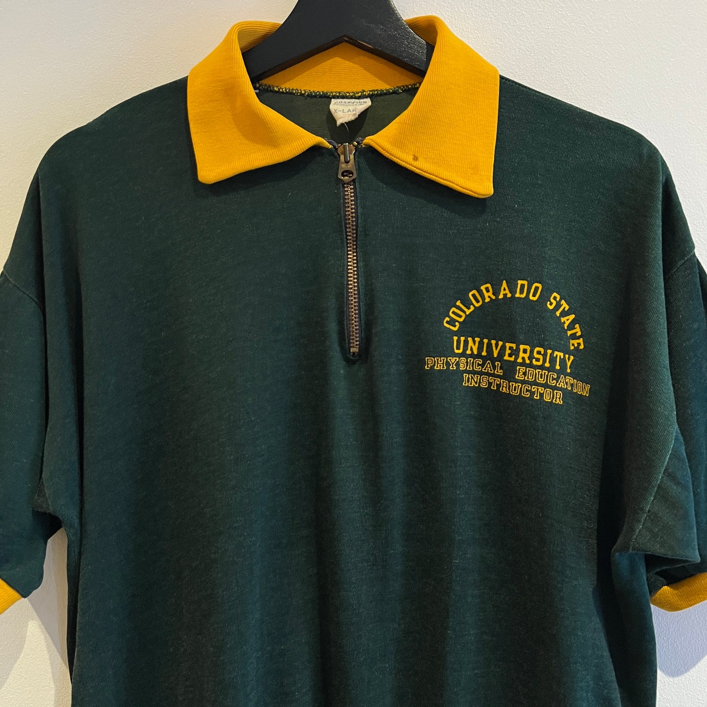 1967s ~ 1971s Champion Half-zip Green and Yellow T-Shirt with Colorado State University P.E.I. Print